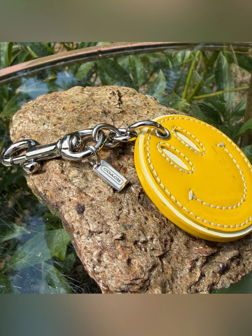 Vintage Coach Smiley Face Yellow & White Patent Leather Bag Charm Keychain